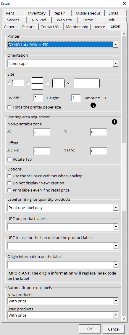 Setup - Label Tab
